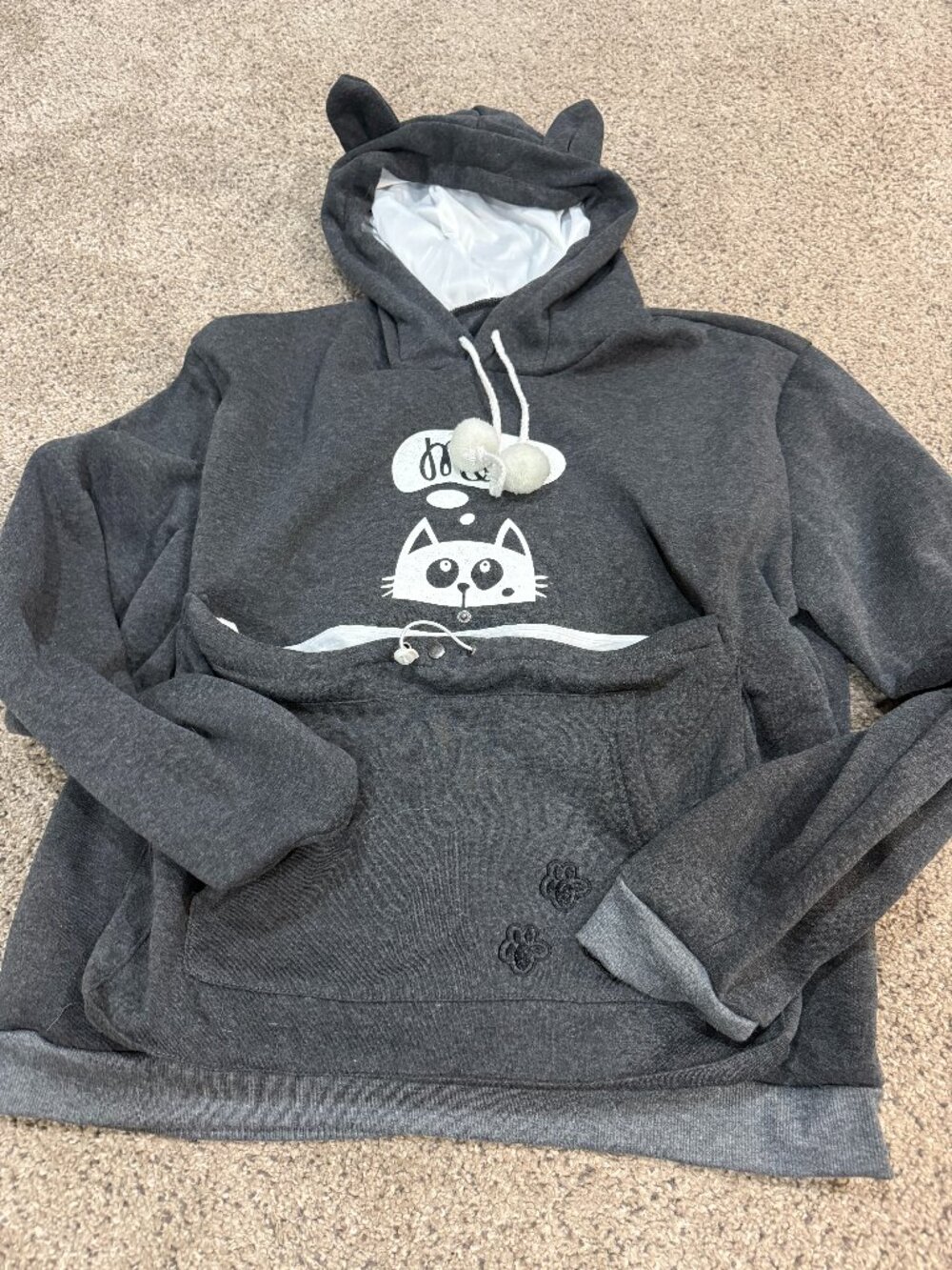 ALYC Women's 2XL Dark Gray MEOW Cat Pouch Hoodie Fleece Pet Holder Sweatshirt